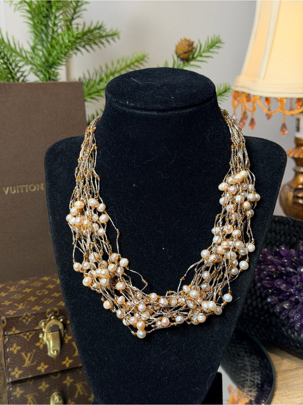 Vintage Handmade Metallic thread necklace Threaded Freshwater Pearl Necklace 17”